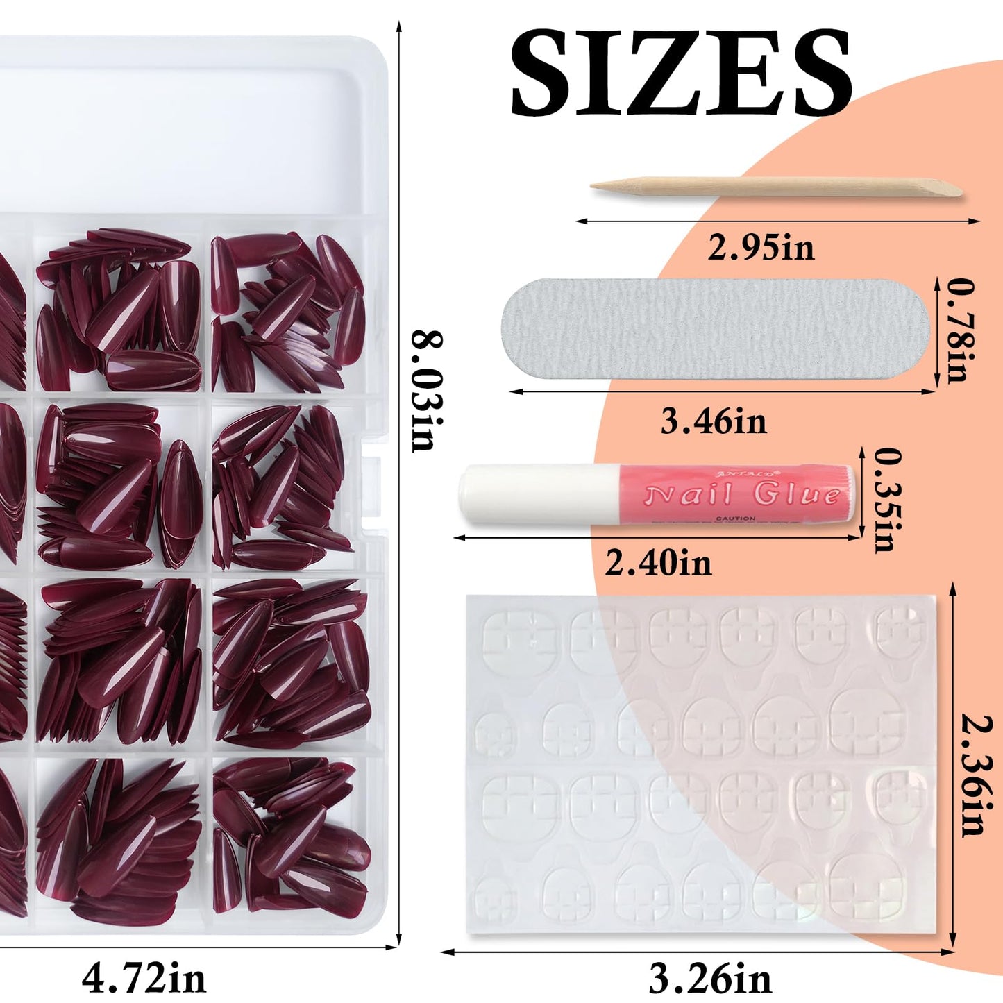 LoveOurHome 360pc Almond Press on Nails Medium Fake Nails Christmas Glue on Nail Tips Full Cover Almond False Nail Burgundy Acrylic Nails Press ons Nail Almond & Glue Adhesive Tabs for Women Girls