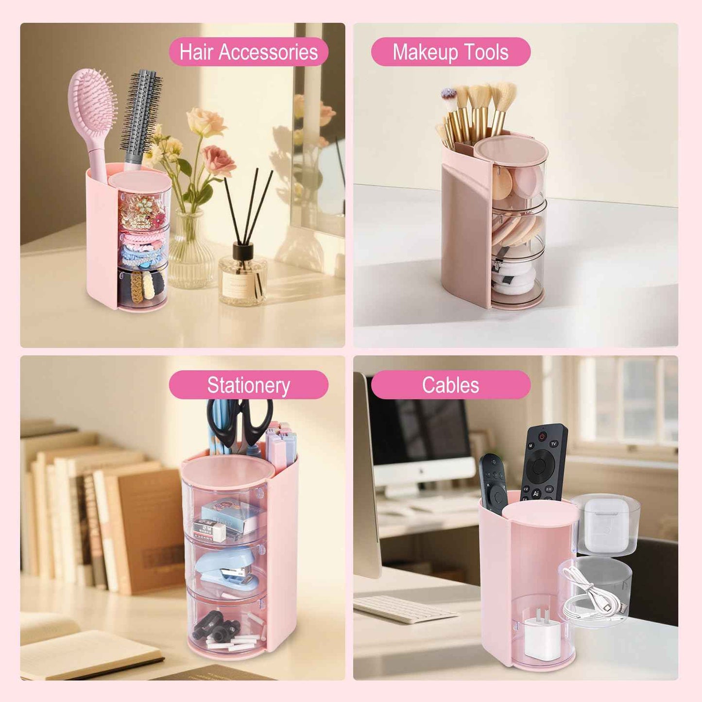 Pink Hair Accessory Organizer, 3-Layer Clear Hair Accessories Organizer Rotatable Small Jewelry Box for Clip Earring Necklaces, The Latest Gift for A Girl.