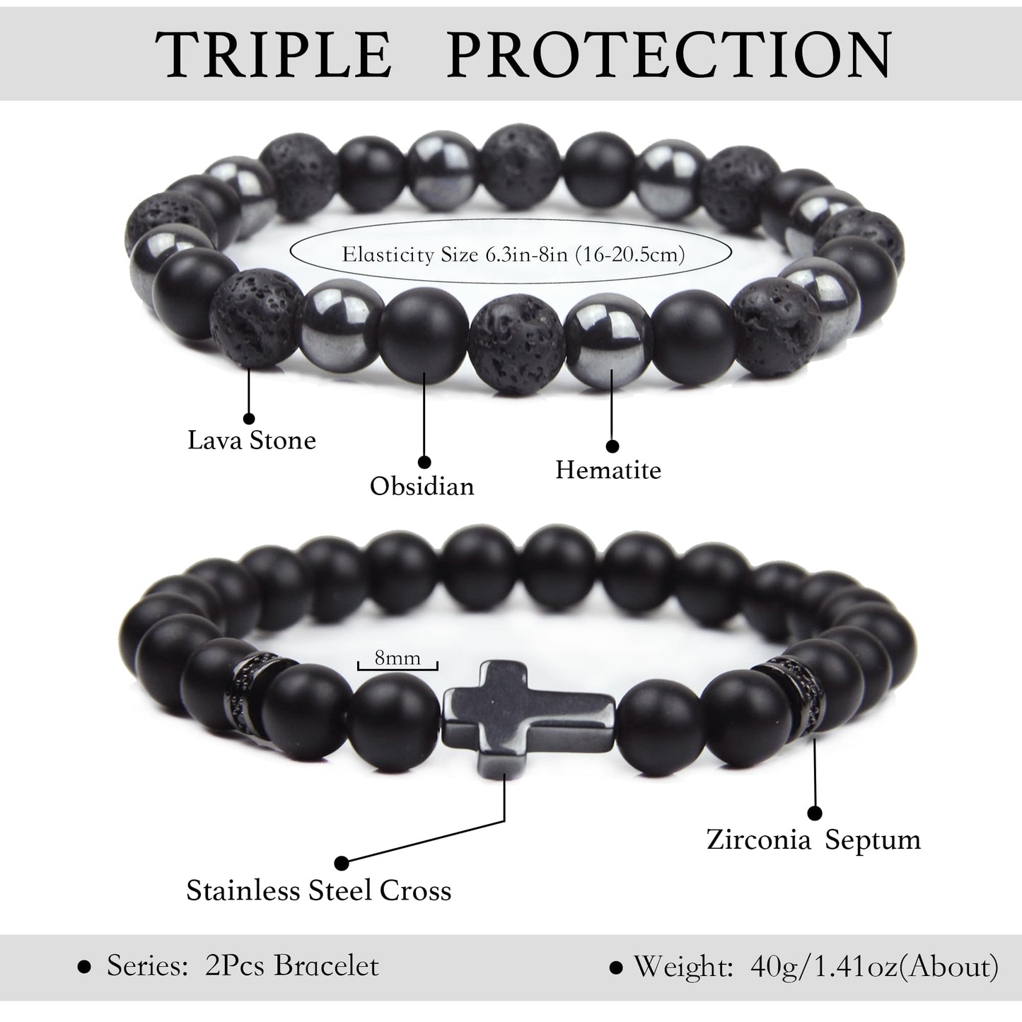 Black Obsidian Bracelet - Cross Bracelet - Tourmaline Beaded Bracelets, 8MM Black Onyx Hematite Lava Stone Beads Triple Protection Bracelet for Men Women Gifts