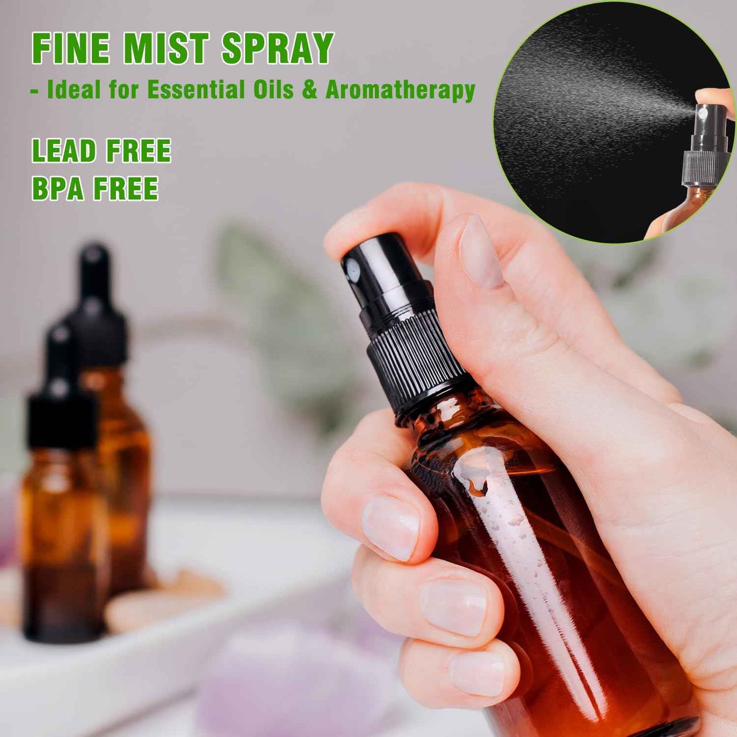 YUNFOOK 2oz Amber Glass Spray Bottles for Essential Oils, Hair, Skincare, Cleaning & Travel,2-Pack Small Empty Spray Bottle