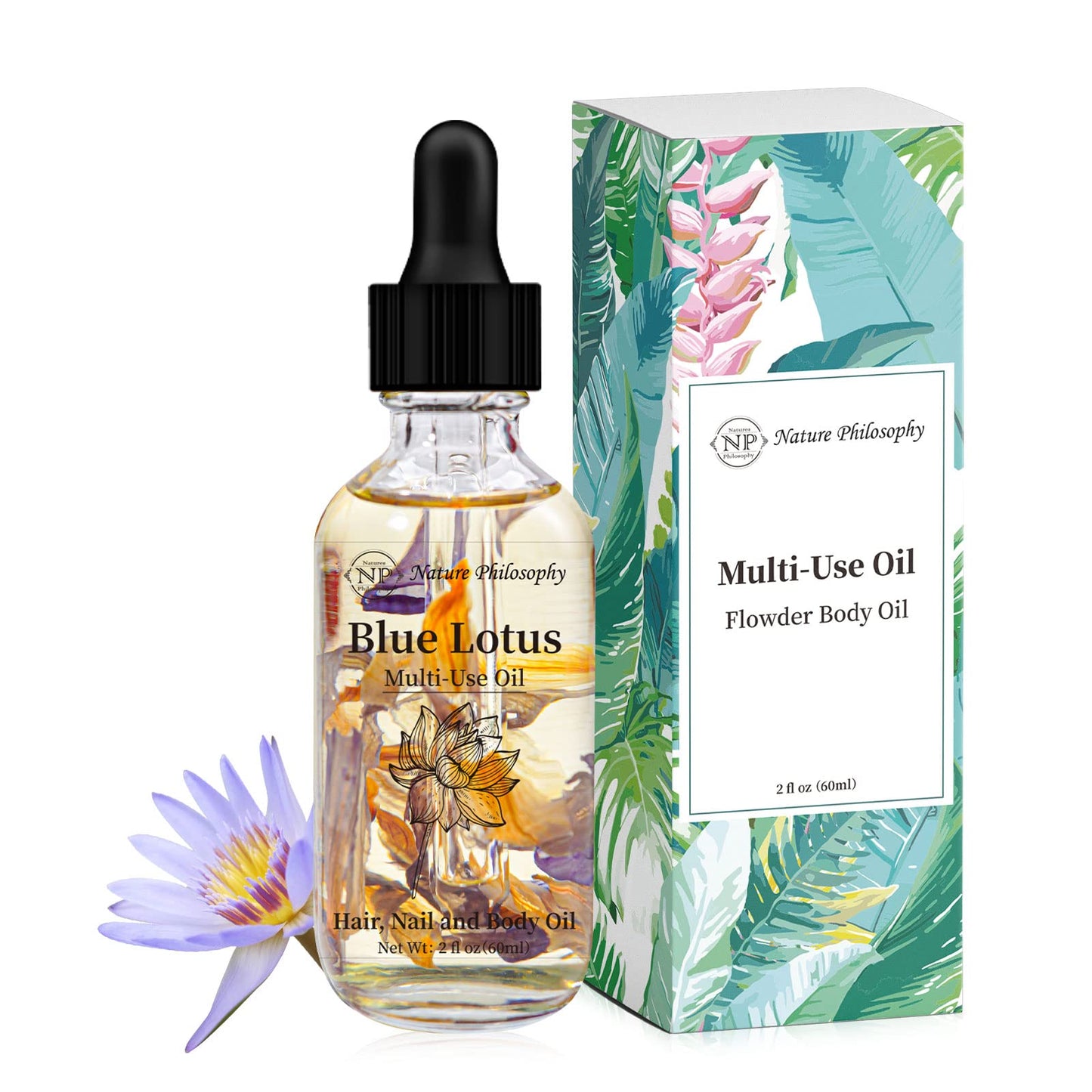 Blue Lotus Multi-Use Oil for Face, Body and Hair - Organic Plant Fragrant Essential Oil for Dry Skin, Scalp and Nails - 2 Fl Oz