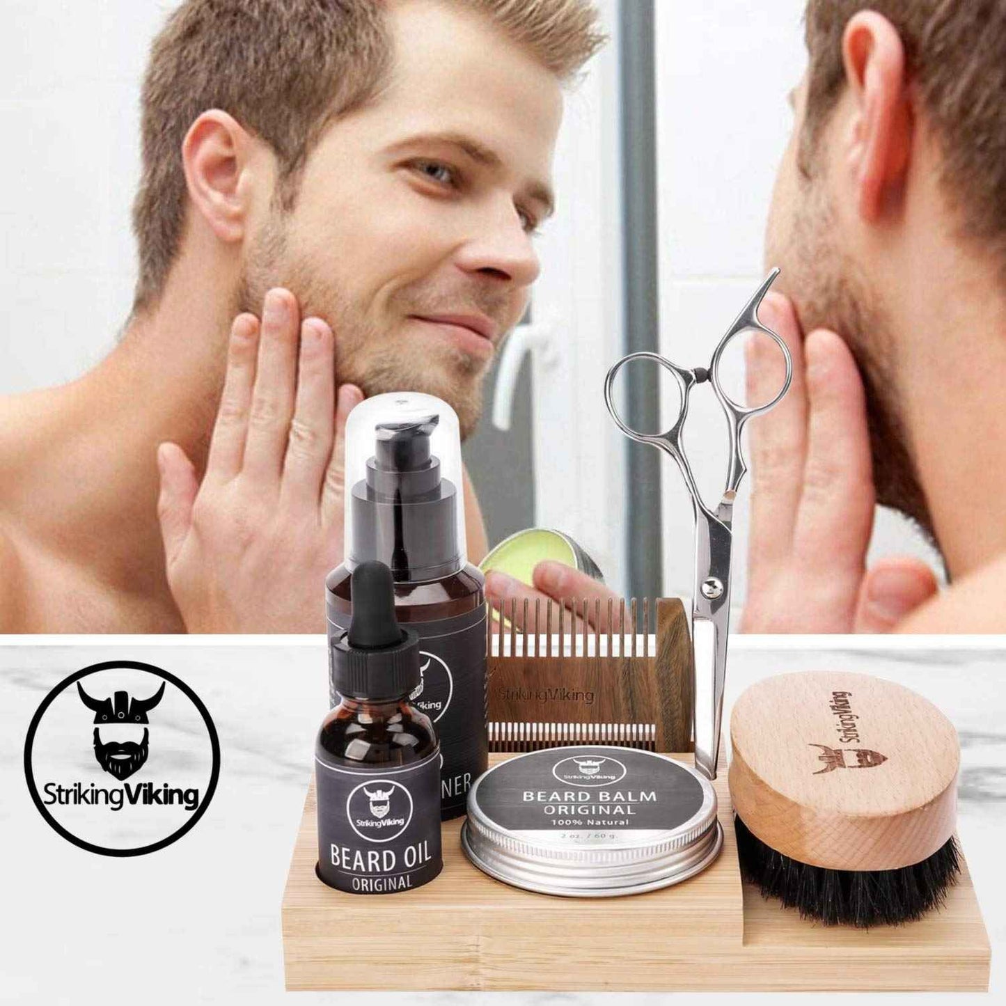 Striking Viking Beard Kit Organizer - 7.3 x 4.5 x 1 in Bamboo - Beard Care Caddy for Oil & Balm - Comb & Brush Stand - Mens Grooming Stand