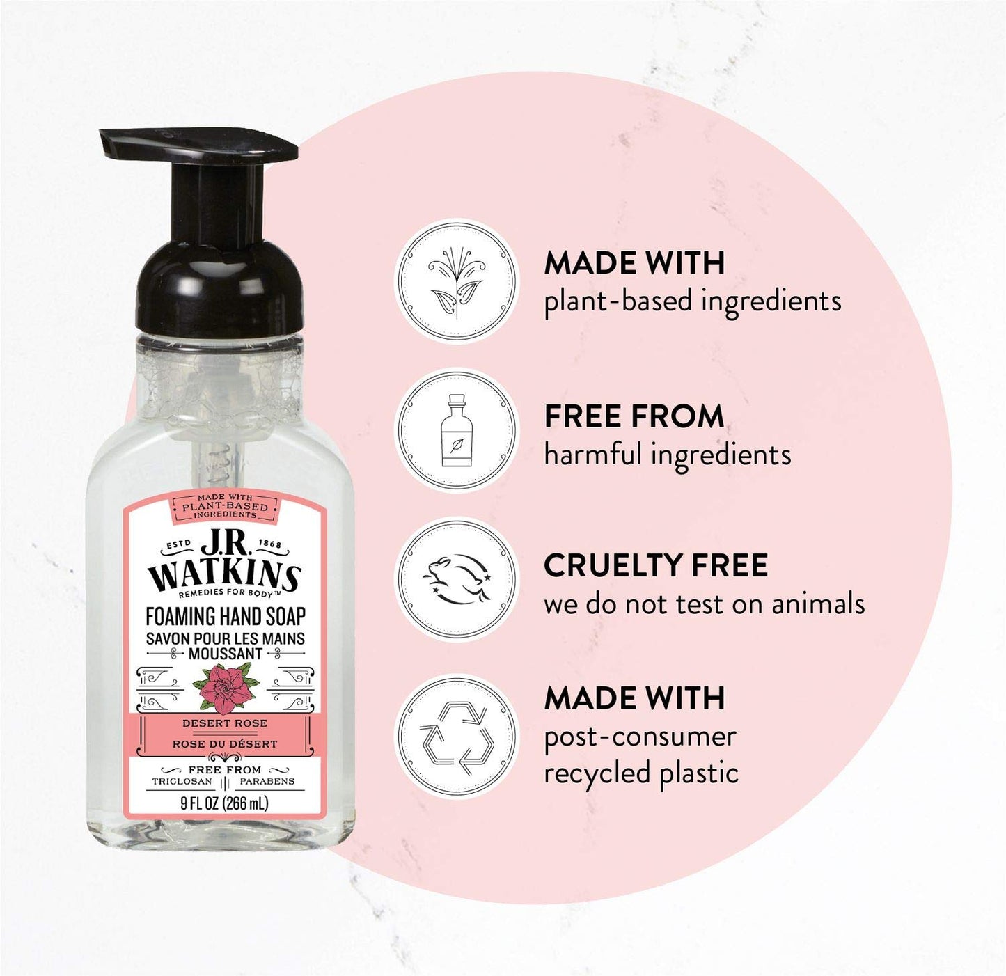 J.R. Watkins Foaming Hand Soap, Scented Foam Handsoap for Bathroom or Kitchen, USA Made and Cruelty Free, 9 fl oz, Desert Rose, 6 Pack