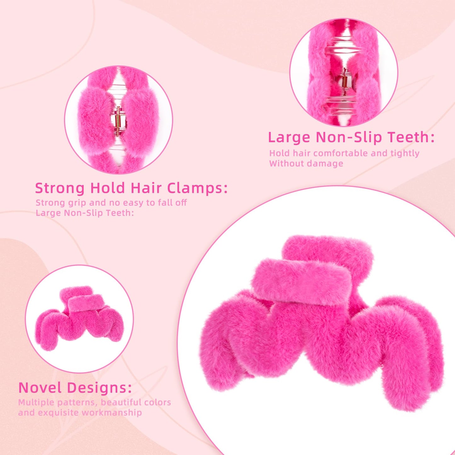 Yonchic 4-Piece Faux Fur Hair Accessories, Different Shapes, Strong Hold Non-Slip Clips for Thin/Medium Thick Hair (Pink)