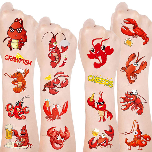 Crawfish Party Favor 24Sheets(144PCS) Crawfish Temporary Tattoosfor Crawfish Boil Party Supplies Lobster Party Decorations, Summer Picnic, Baby Shower Supplies Decorations