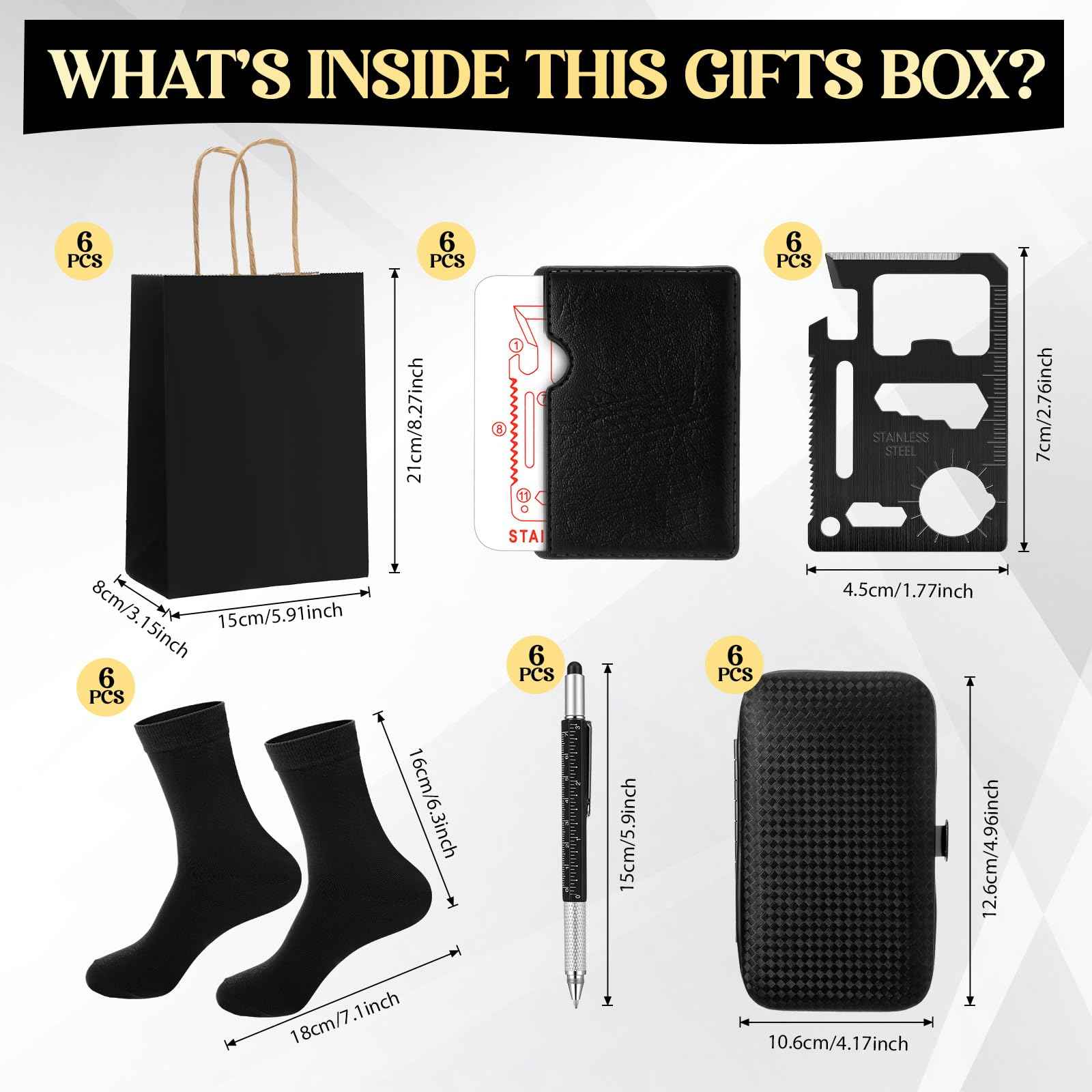 Leriton 6 Sets Christmas Gifts Baby Shower Game Prizes for Men Include Black Kraft Paper Gift Bags Manicure Kit Tools Socks Pens 11-in-1 Survival Card Tool for Men Husband Father(Black)