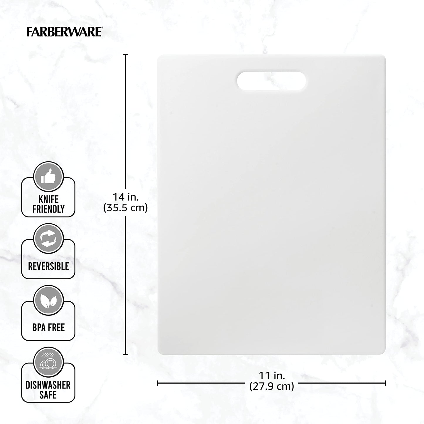 Farberware Large Cutting Board, Dishwasher- Safe Plastic Chopping Board for Kitchen with Easy Grip Handle, 11-inch by 14-inch, White