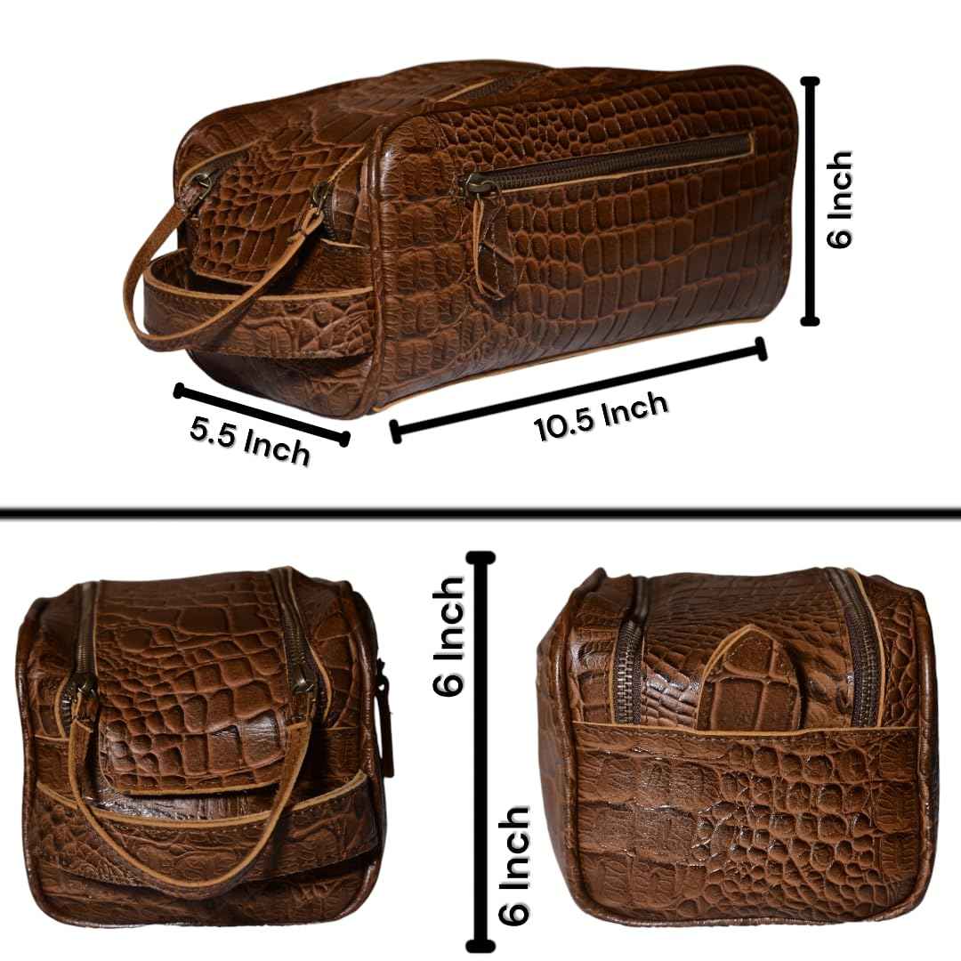 Premium Buffalo Leather Unisex Toiletry Bag Travel Kit (King Size )Shaving kit Accessories :Shaving Brush Case , Razor Protective Travel Case ( Combo of 4 Items) (Crocodile Print) (Croco Tan)