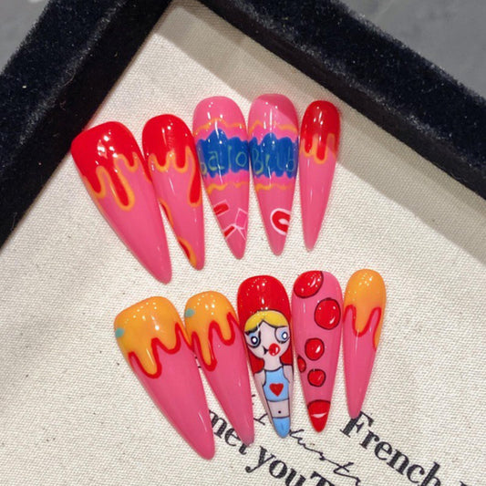 FADOORA Handmade Press On Nails Long Stiletto Nails Press On Fake False Nails with Hand-painted Designs for Party Prom Birthday 10PCS M Size