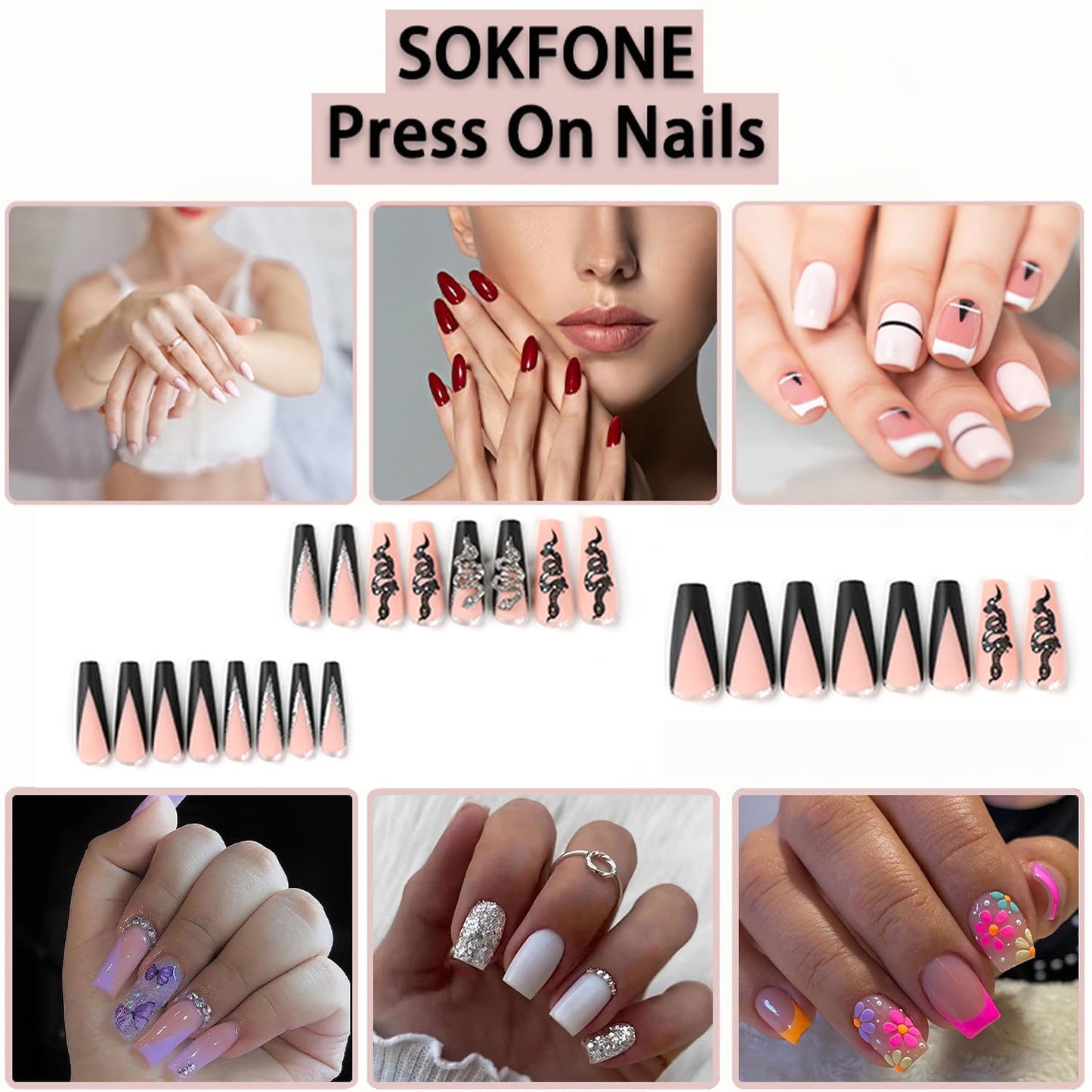 Extra Long Press on Nails Square French Tip False Nails Black Nude Fake Nails with Snake Charms Design Artificial Nails Full Cover Acrylic Nails Nail Decorations for Women 24Pcs