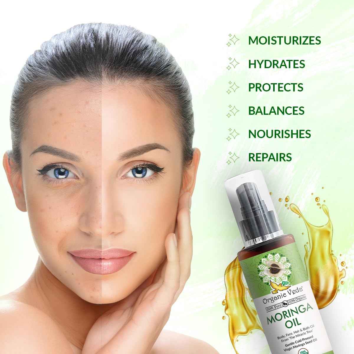 Organic Veda Moringa Oil Virgin 100% Pure & USDA Organic - Multi Purpose, Face, Hair & Skin, Nails, Fast Absorbing, Moisturizing & Beautifying - The Miracle Tree Moringa Oleifera Seed Oil, 3.4 fl.oz