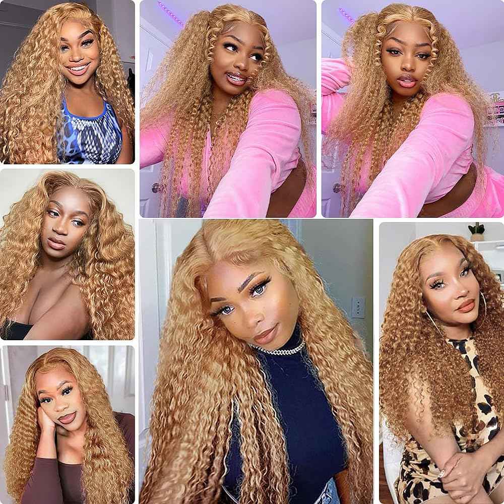 Honey Blonde Human Hair Bundles 16 18 20 Inch Deep Wave Bundles Human Hair Unprocessed Native Virgin Hair 100/PC 3 Extensions #27 Blonde Color Wet and Wavy Human Hair Extensions for Women
