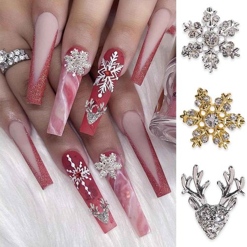 12Pcs Christmas Nail Charms 3D Alloy Snowflake Charm Gems Rhinestones Shiny Designs Silver Gold Jewelry for Women Girls Acrylic Manicure Decorations Supplies