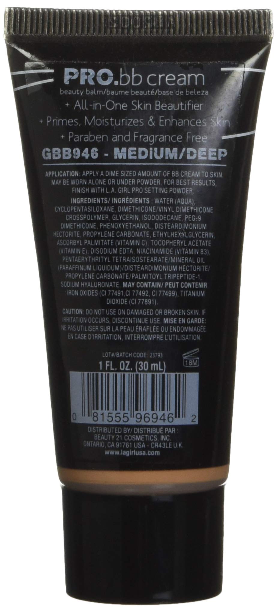 L.A. Girl Pro BB Cream HD Beauty Balm, Medium/Deep, 1 fl. Oz