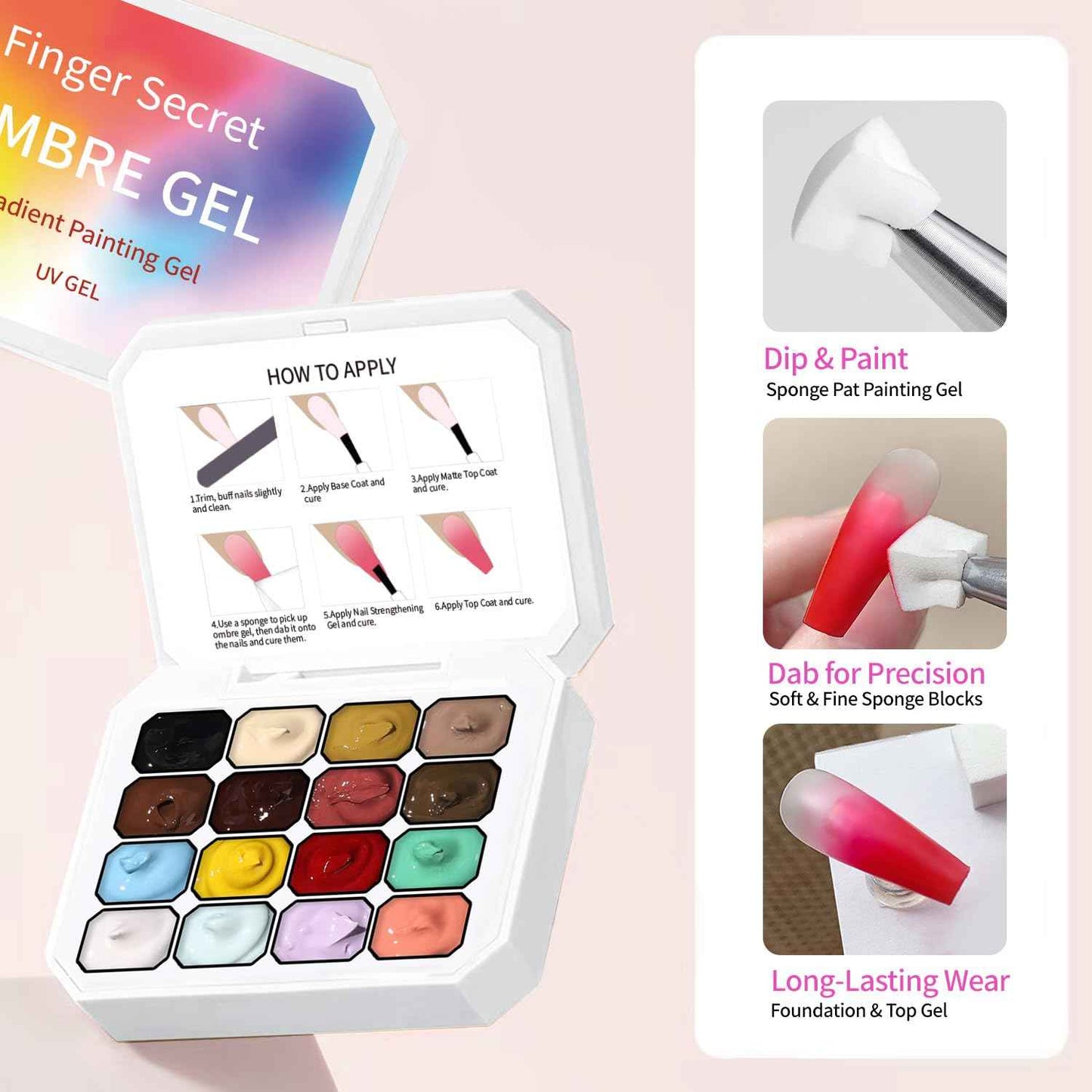 Finger Secret 16 Colors Ombre Gel Nail Polish Set,Ombre Color Palette Pat Painting Gel Polish with 100Pcs Nail Sponges for Gradient Gels Nail Art Patting in Salon or Home Use