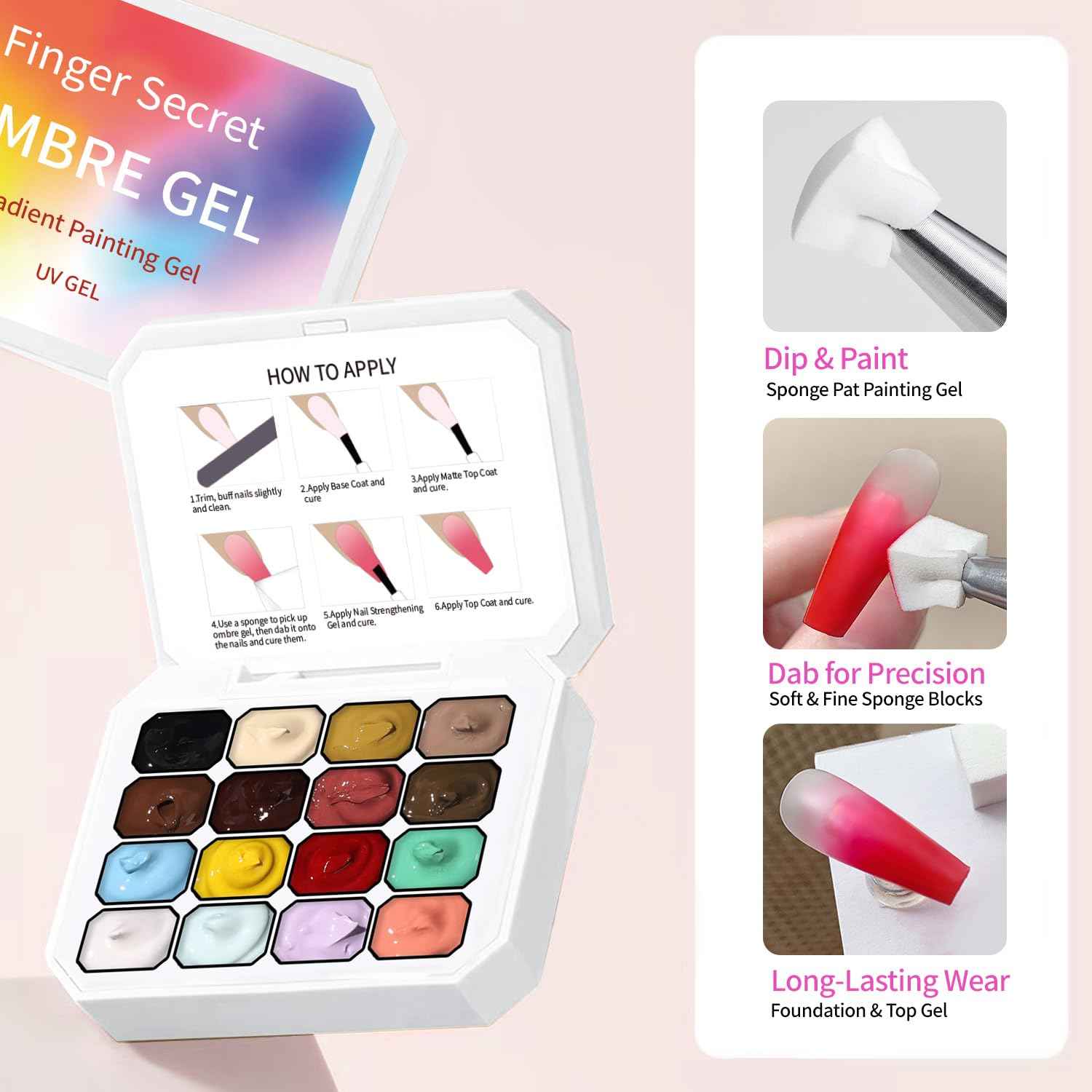 Finger Secret 16 Colors Ombre Gel Nail Polish Set,Ombre Color Palette Pat Painting Gel Polish with 100Pcs Nail Sponges for Gradient Gels Nail Art Patting in Salon or Home Use