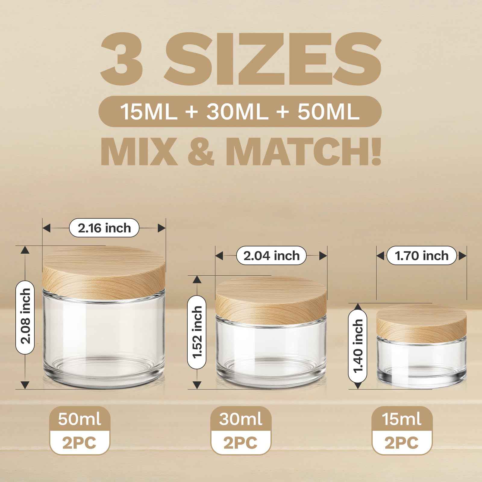 Bumobum 6-Pcs Glass Cosmetic Jars with Plastic Wood-Grain Lids – Refillable Travel Jars for Creams, Lotions, Skincare & DIY (15ml/30ml/50ml)