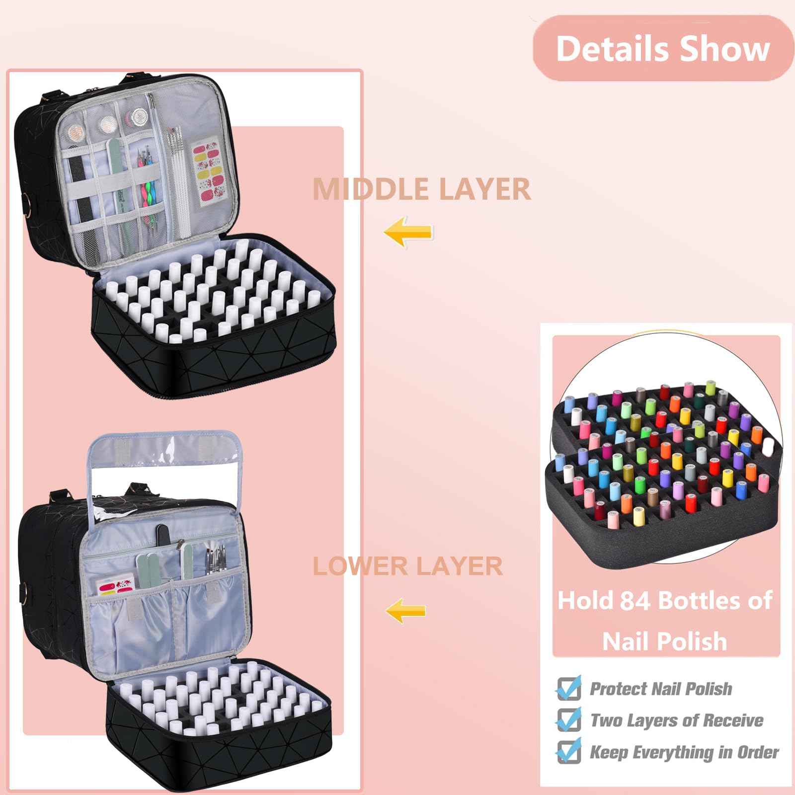 FCQQYWZ Large Nail Polish Organizer Case Hold 84+ Bottles Nail Polish & Nail Lamp, 3 Layers Nail Organizers and Storage for Nail Tech with Divider, Travel Carrying Case(Black)