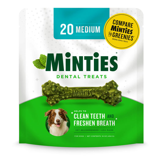 Minties Dental Chews for Dogs, 20 Count, Vet-Recommended Mint-Flavored Dental Treats for Medium Dogs 25-50 lbs, Dental Bones Clean Teeth, Fight Bad Breath, and Removes Plaque and Tartar