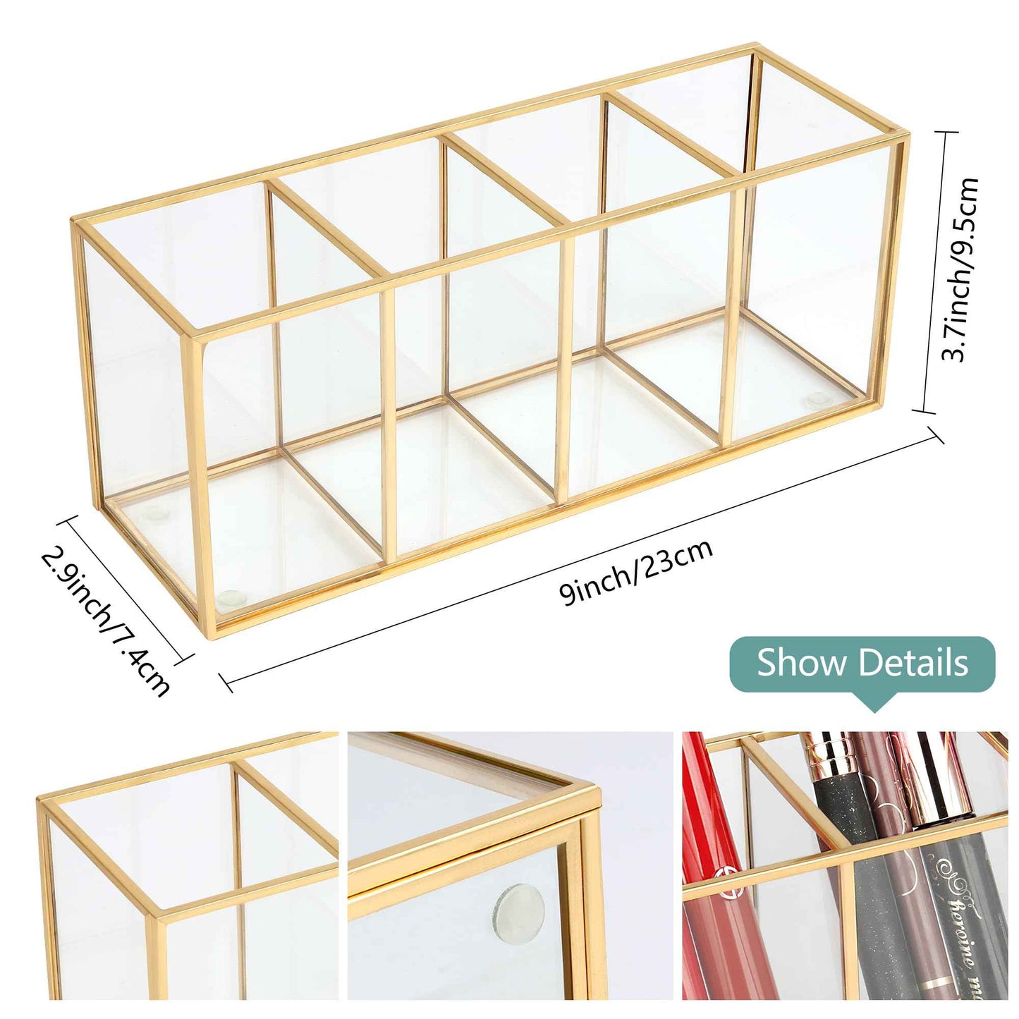 ELEGANTLIFE Clear Glass Makeup Brush Organizer,Luxurious Tempered Glass Cosmetics Brushes Storage Holder for Refined Bathroom Decor (Gold, 4 Sections)
