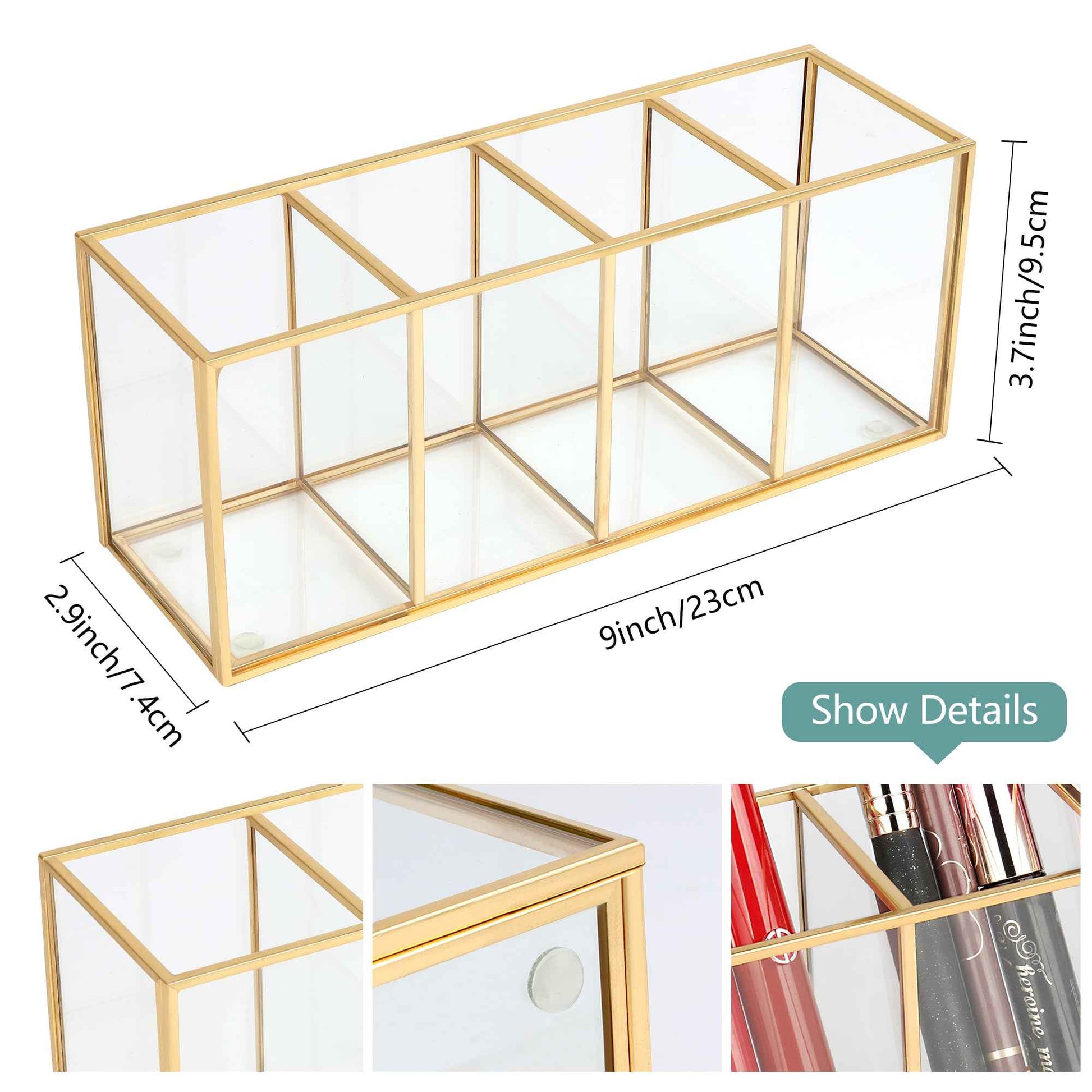 ELEGANTLIFE Clear Glass Makeup Brush Organizer,Luxurious Tempered Glass Cosmetics Brushes Storage Holder for Refined Bathroom Decor (Gold, 4 Sections)
