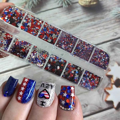 4th of July Nail Art Glitter Powder 3D Holographic Independence Day Nail Art Flakes Sequins Hollow Out Star Hexagon Design American Flag Nail Powder 4th of July Glitter Makeup DIY Manicure Decoration