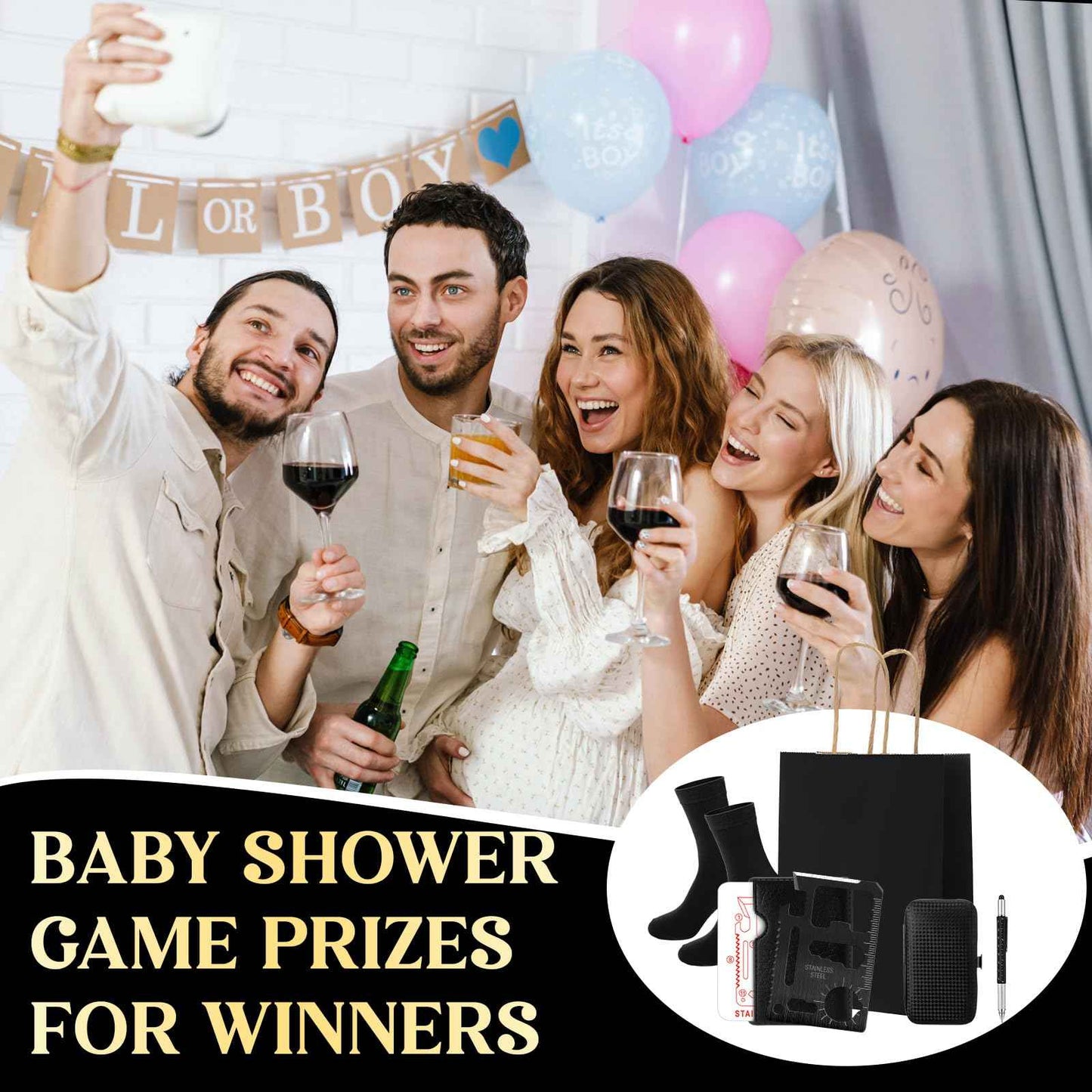 Leriton 6 Sets Christmas Gifts Baby Shower Game Prizes for Men Include Black Kraft Paper Gift Bags Manicure Kit Tools Socks Pens 11-in-1 Survival Card Tool for Men Husband Father(Black)