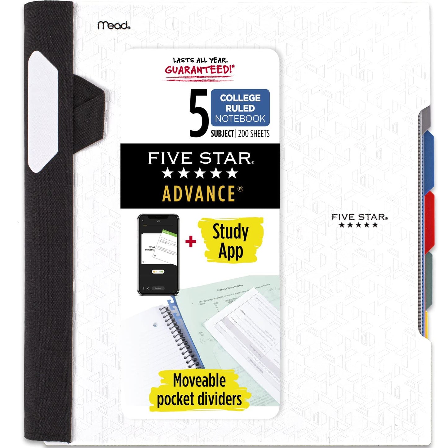 Five Star Spiral Notebook + Study App, 5 Subject, College Ruled Paper, Advance Notebook with Spiral Guard, Movable Tabbed Dividers and Expanding Pockets, 8-1/2" x 11", 200 Sheets, White (73154)