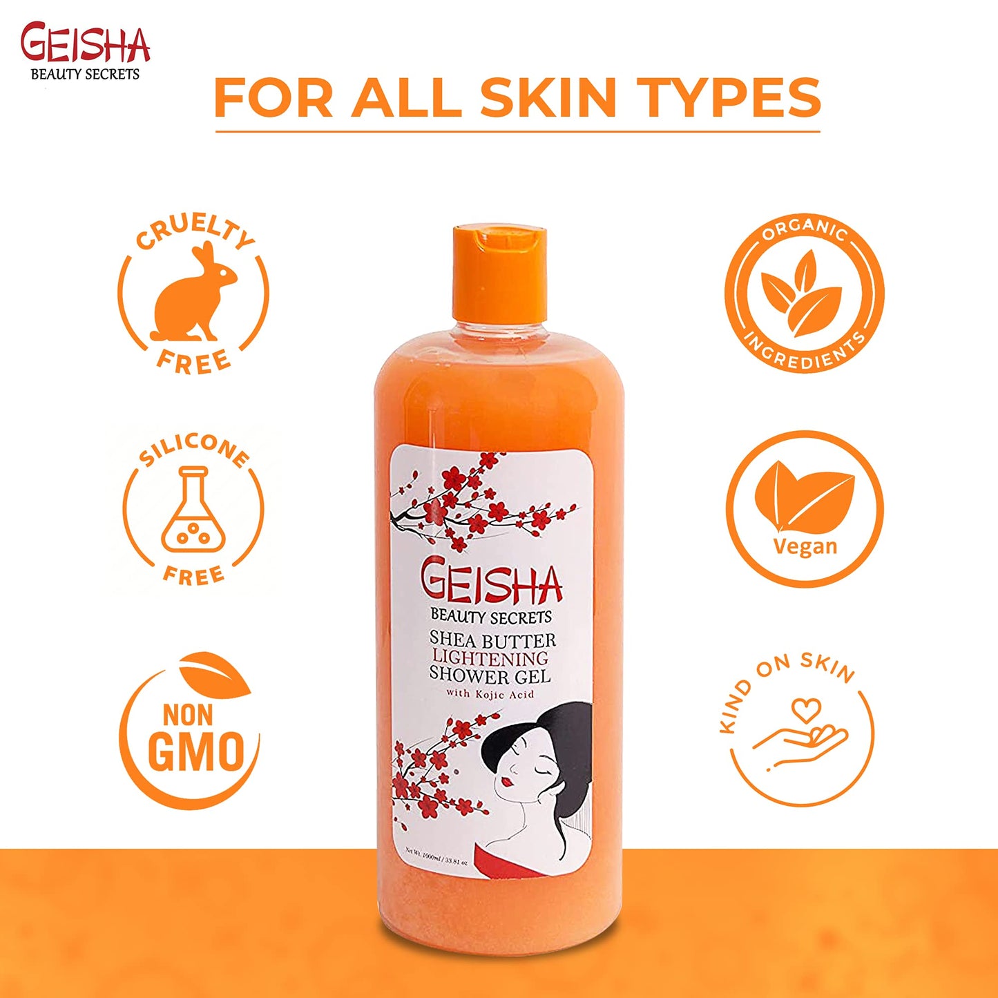 Geisha, Kojic Acid Skin Brightening Body Wash - 33 Fl oz / 1000 ml - Even Out Skin Tone, Skin Radiance, Face and Body Shower Gel, with Coconut Oil and Shea Butter