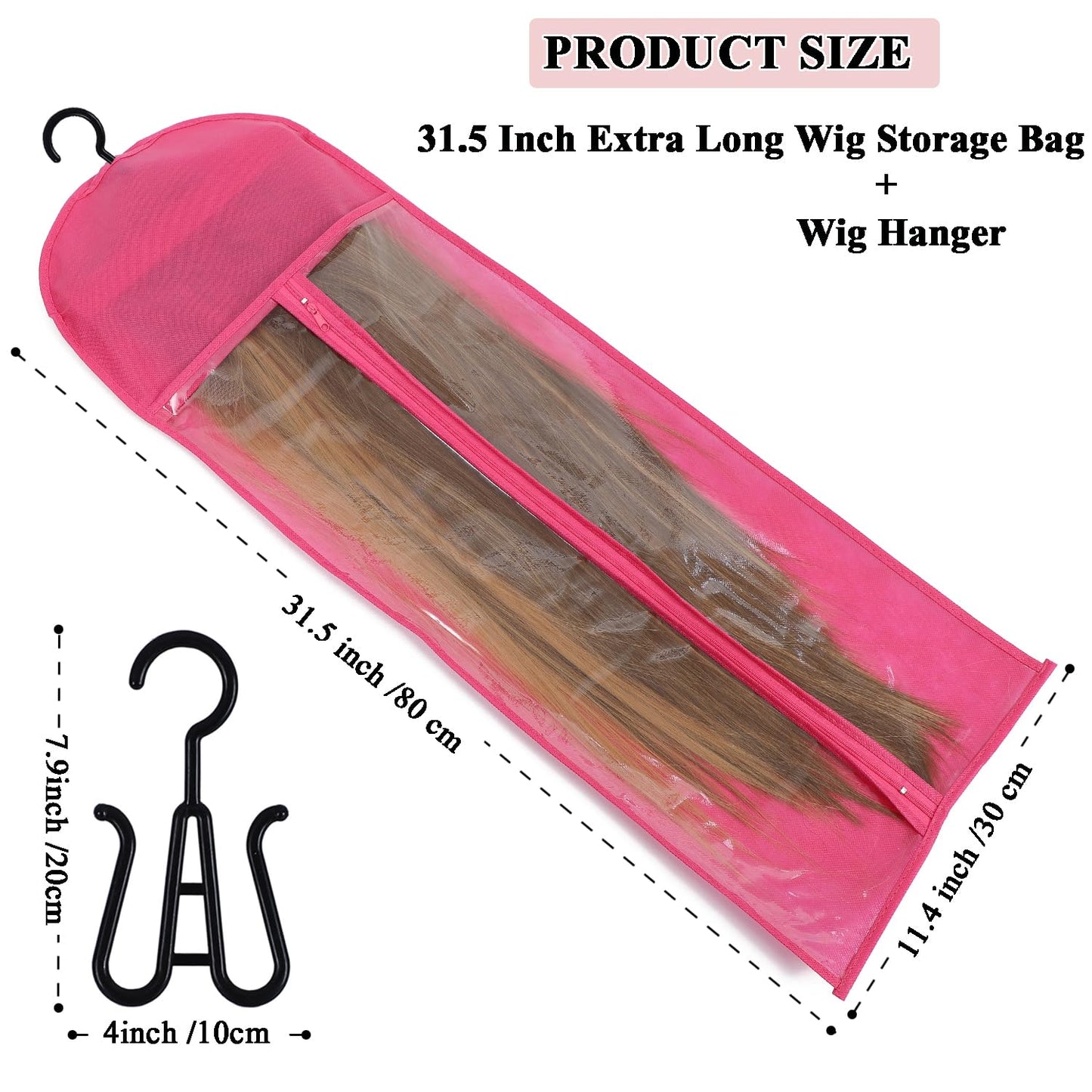 AIAIZHQH 2 Packs Extra Long Hair Extension Holder Wig Holder Wig Storage Bags with Hanger, Wig Storage for Multiple Wigs Hair Extension Hanger with Bag (31.5 Inch, 2Pcs Pink)