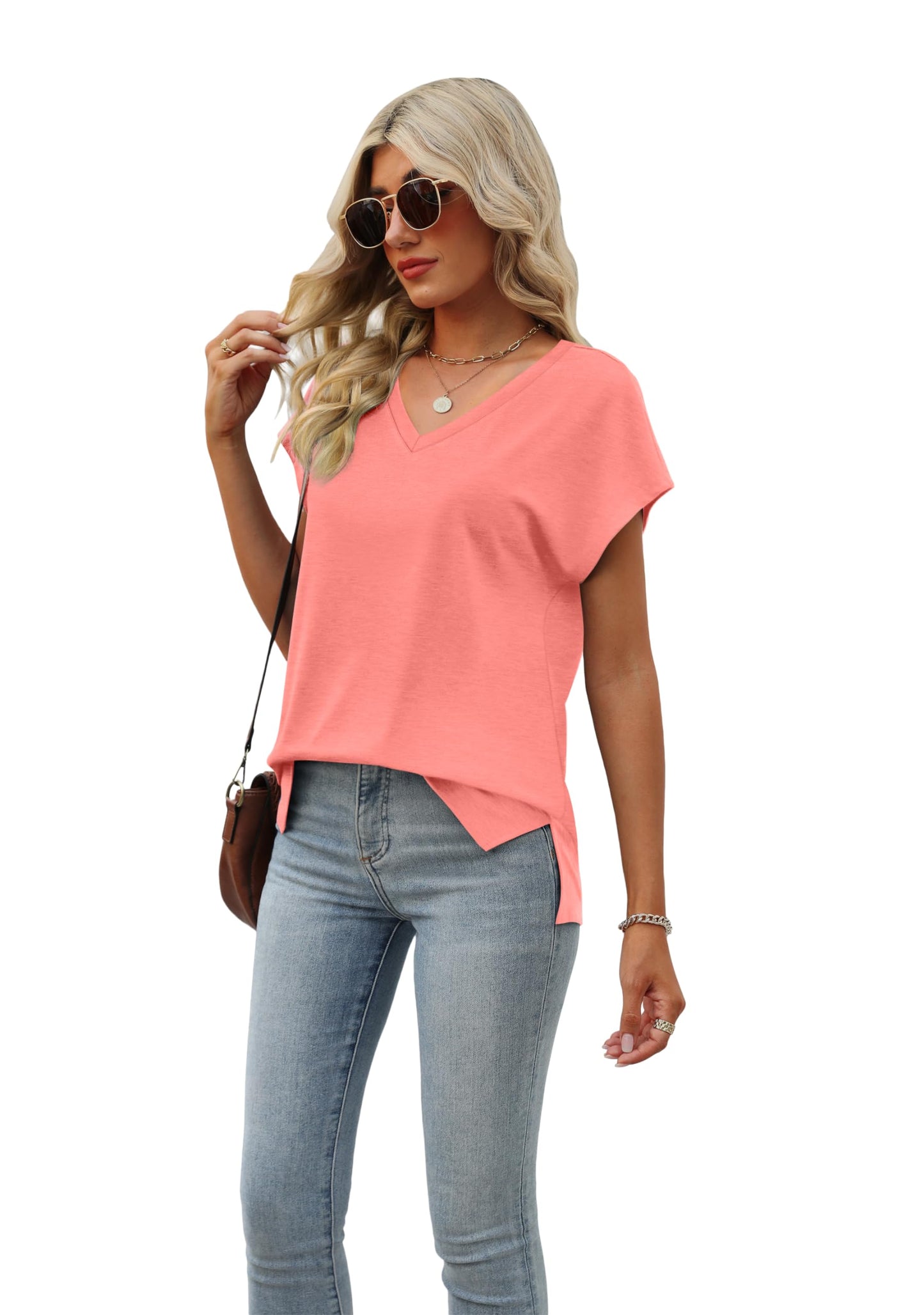 Ladies Tops and Blouses Womens Short Sleeve Summer Tops Trendy V Neck Loose Fit Shirts Red S