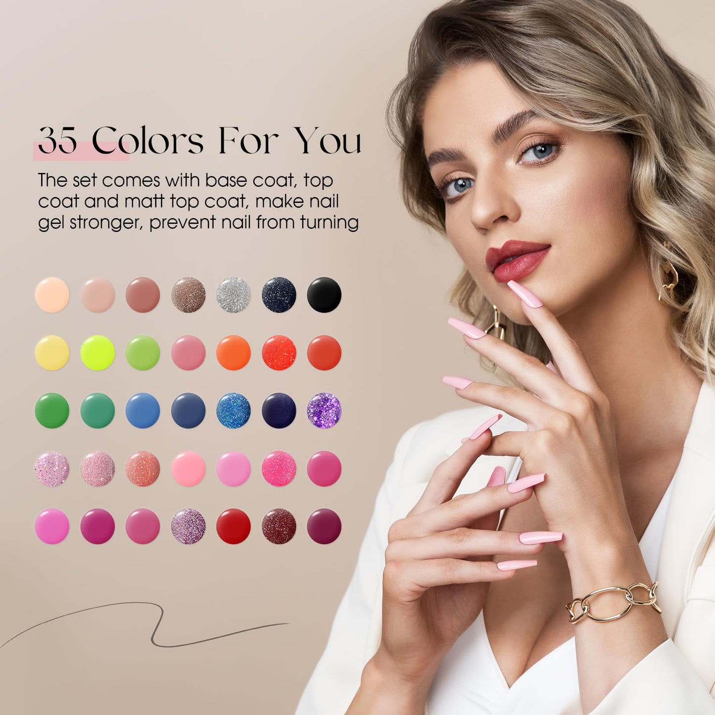 ROSALIND 38PCS Gel Nail Polish Set, 35 Colors Red Pink Nude Blue Green Gel Polish Set All Seasons with Base and Glossy & Matte Gel Top Coat Nail Gel Set Suitable Gift For Women