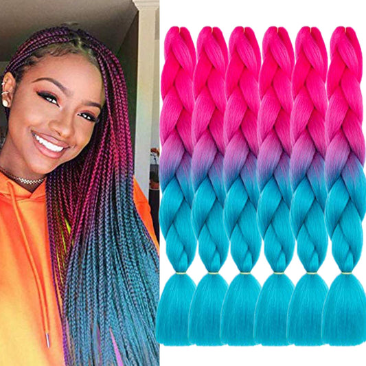 TENGSHUO FLY Pink Lake Blue Braiding Hair 6 Packs Synthetic Braid Hair Extensions Jumbo Ombre Braiding Hair 24 Inch or Box Braids Twist Crochet Braids(24"6Pack,Pink Lake Blue)