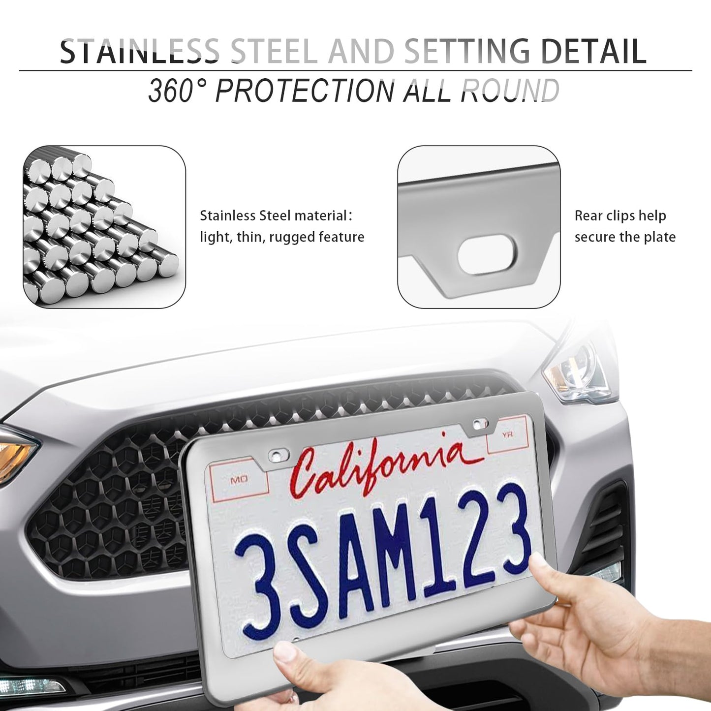 License Plate Frames, 2 Pcs 4 Holes Slim Stainless Steel Polish Mirror License Plate Frame + Chrome Screw Caps (Silver)