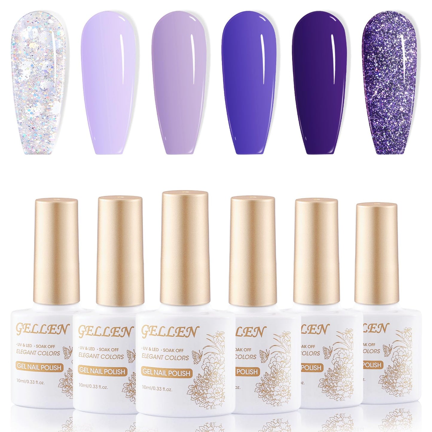 Gellen Gel Nail Polish Kit, 6 Colors Purple Glitter Gel Polish Set All Seasons Gel Nail Polish Set Soak Off Gel Nail Polish DIY Manicure Home Salon Valentines Gifts for Women Girls