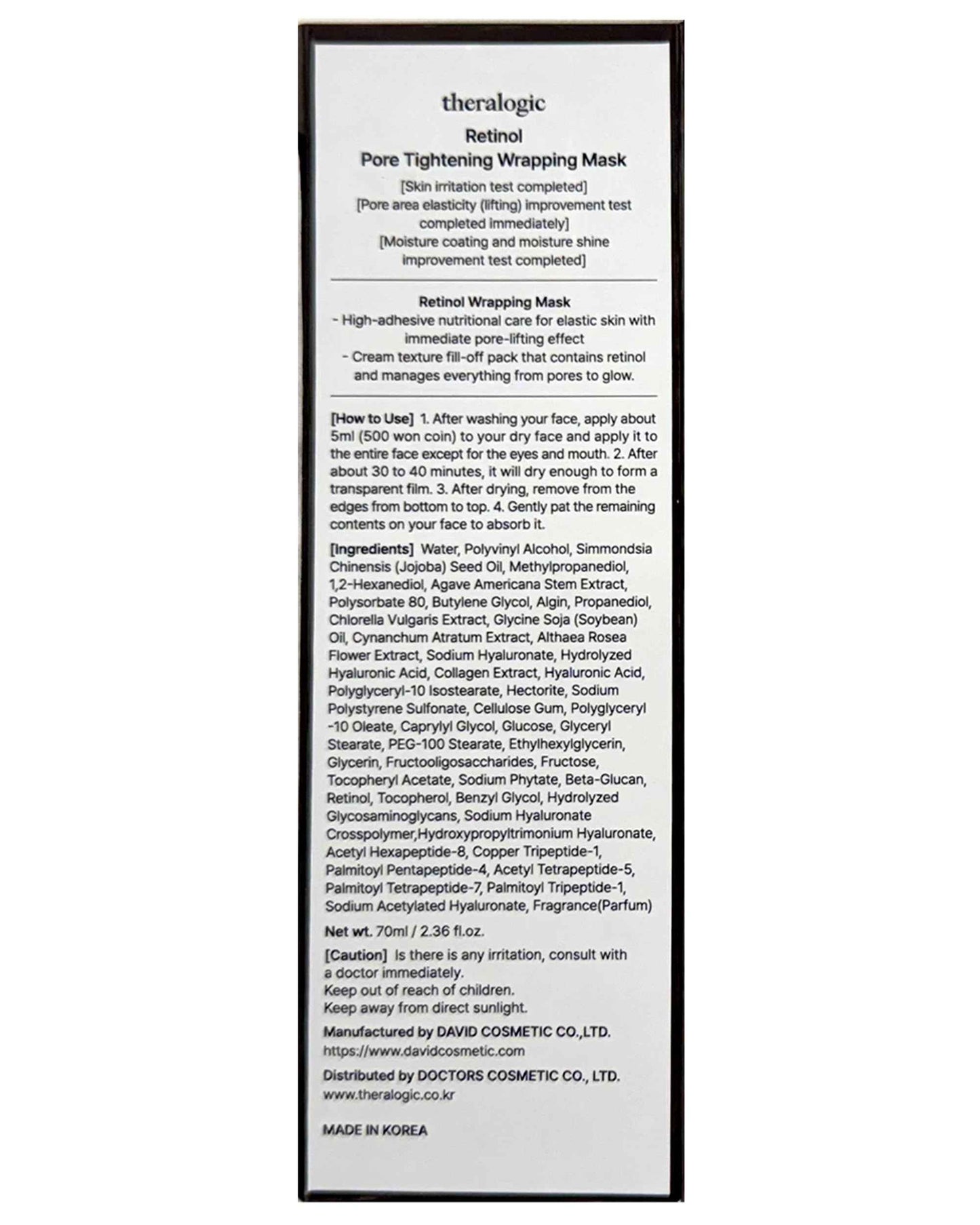 theralogic Retinol Pore Tightening Wrapping Mask - Korean Pore Elasticity Peel Off Mask with Collagen, Peptides, Hyaluronic Acid - Firming & Skin Glow Mask - Vegan, Derma Tested, 2.36oz.