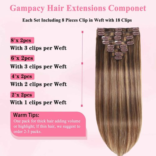 Clip in Hair Extensions Real Human Hair, Seamless Clip ins Real Human Hair for Women, Balayage Remy Human Hair Clip in Extensions, Double Weft 8pcs 16 inch Chocolate Brown to Caramel Blonde