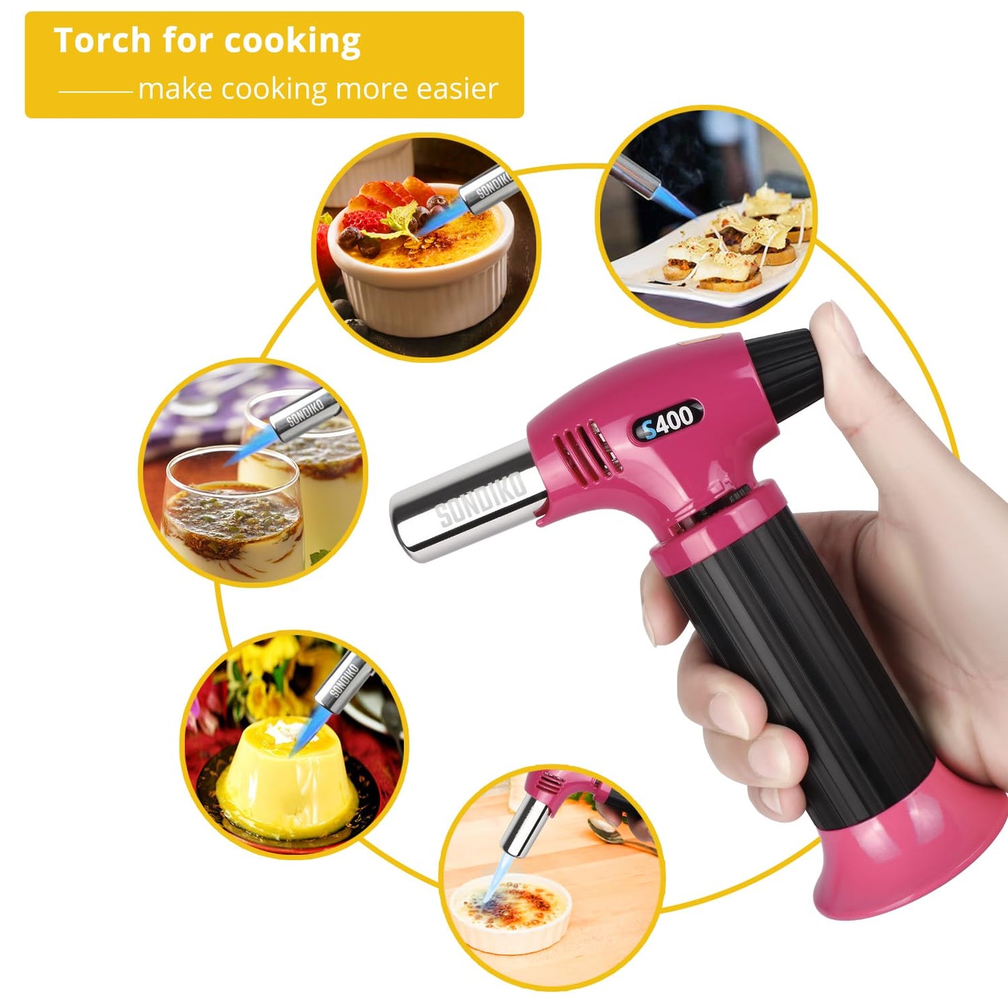 Sondiko S400 Butane Torch, Pink & Black, Refillable Kitchen Lighter with Safety Lock, Adjustable Flame for Creme Brulee and Baking—Butane Gas Is Not Included