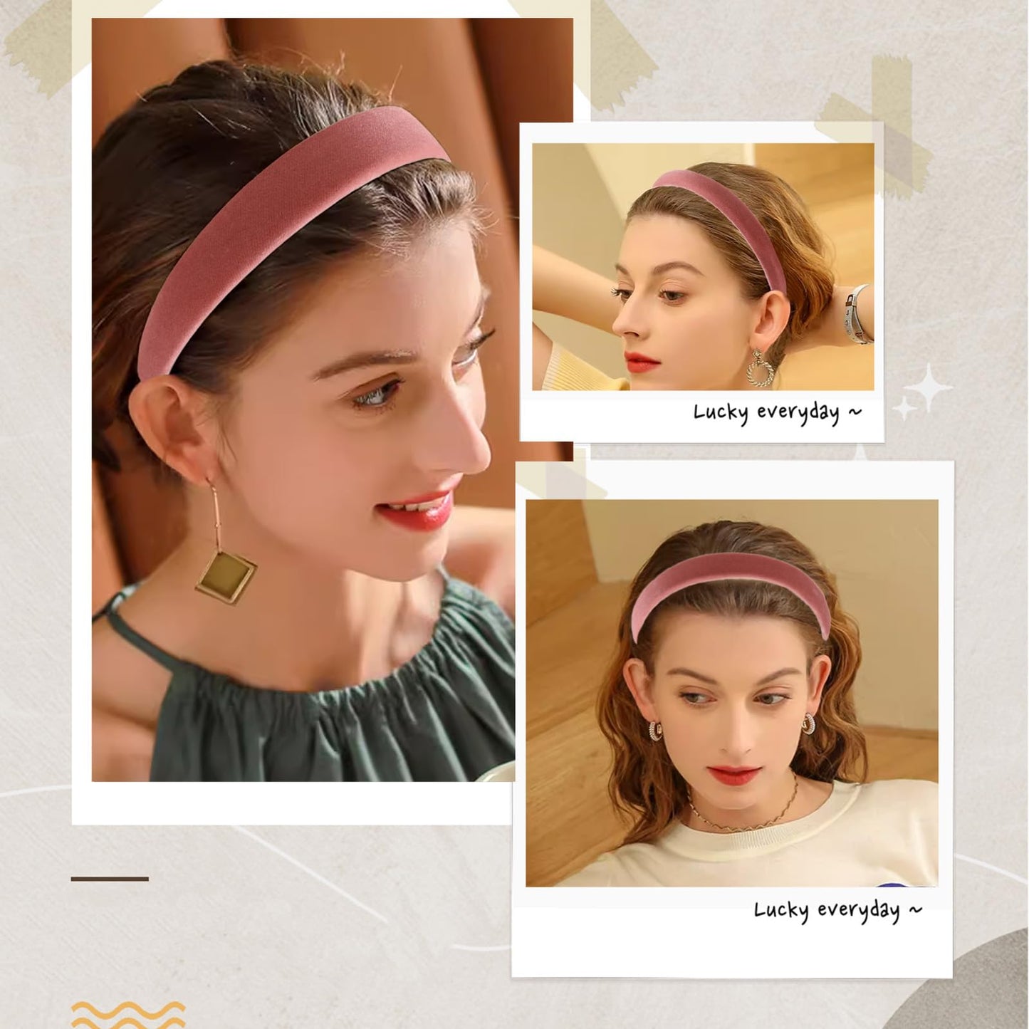 AUDTOPE 3Pcs Pink Padded Velvet Headbands for Women - Soft Solid Simple Hair Hoops, No Teeth Thick Teen Girl Hair Accessories