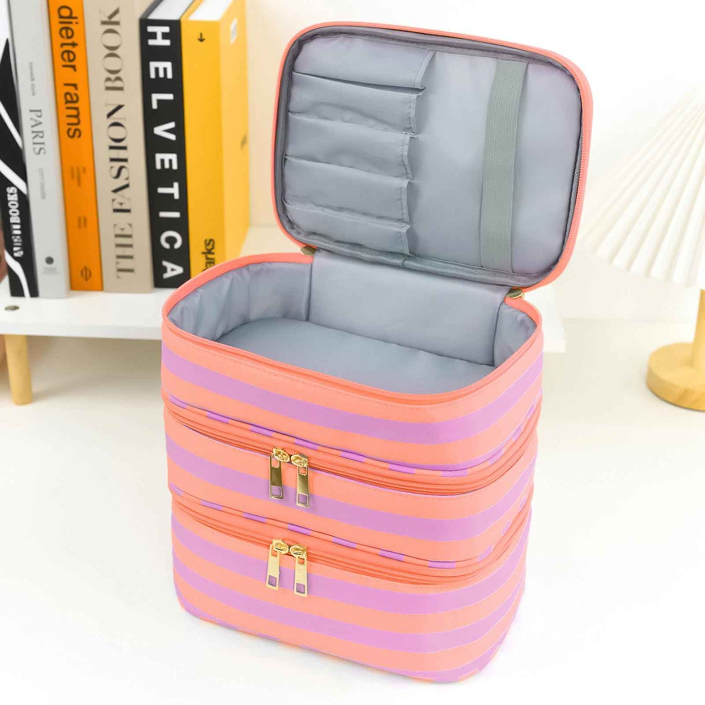 Apxouans Three Layer Makeup Bag for Women Fashion Stripes Cosmetic Bag Preppy Style Travel Water-Resistant Toiletry Bag for Storage Toiletries Cosmetics Sets for Women Teen Girls Purple
