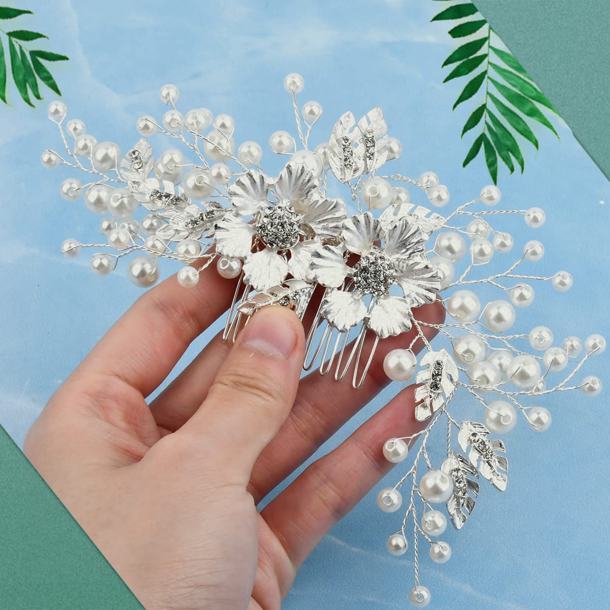 BUYGOO Bridal Hair Accessories for Wedding - Rhinestone Pearl Hair Pieces, Flower Hair Clip, Crystal Headpiece and Hair Comb for Women and Girls (B Silver)