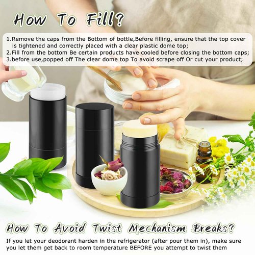 DMuuuDM 12 Pack 2.5 oz/75ml Plastic Deodorant Container,Empty Round Twist-Up Bottom Filling Stick Tube for Deodorant,Solid Lotion Bar,Body Balm,Soap Stick,Sunscreen-UPSIDE DOWN FILLING (Black)