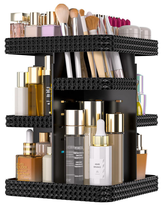 HEMTROY Rotating Makeup Organizer with Makeup Brush Holder, Large Capacity Perfume Organizer for Vanity Countertop, Acrylic Skincare Organizers Spinning Holder Storage Rack (Black)