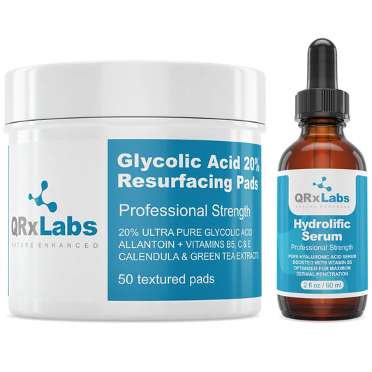 QRxLabs Skincare Pack: Glycolic Acid 20% Resurfacing Pads + Hydrolific Serum - Smoother, more Hydrated and more Radiant Skin in a Simple Treatment