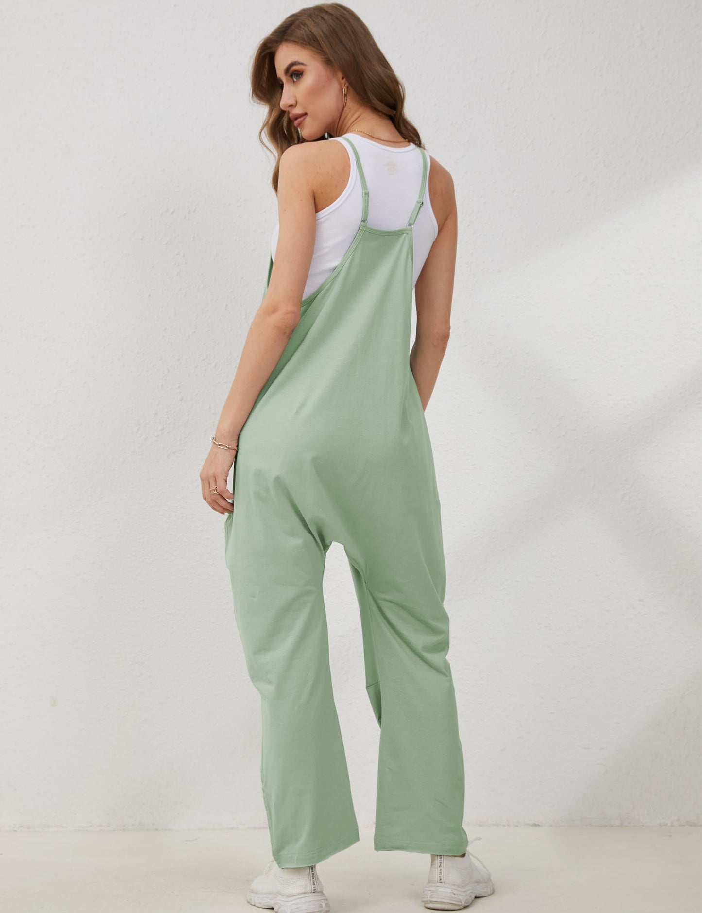 Lentta Women's Causal Jumpsuits V Neck Sleeveless Harem Overalls Stretchy Adjustable Strap Romper with Pockets(PeaGreen-S)