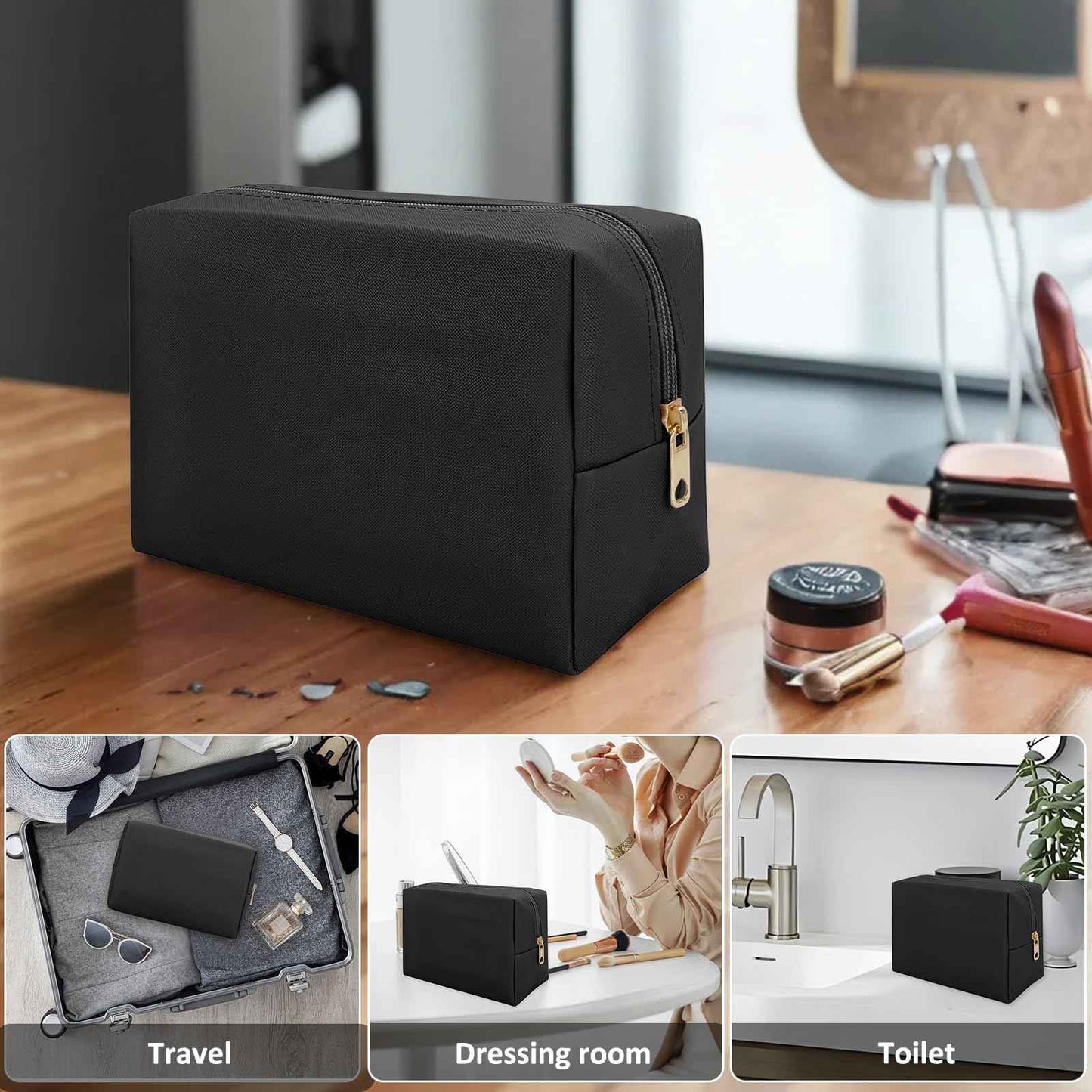 DOB SECHS PU Leather Cosmetic Bag Portable Toiletry Bag for Daily Use Cosmetic Organizer Water-resistant Make up Organizer Light Weight Travel Makeup Bag Cosmetic Pouch (Black, L)