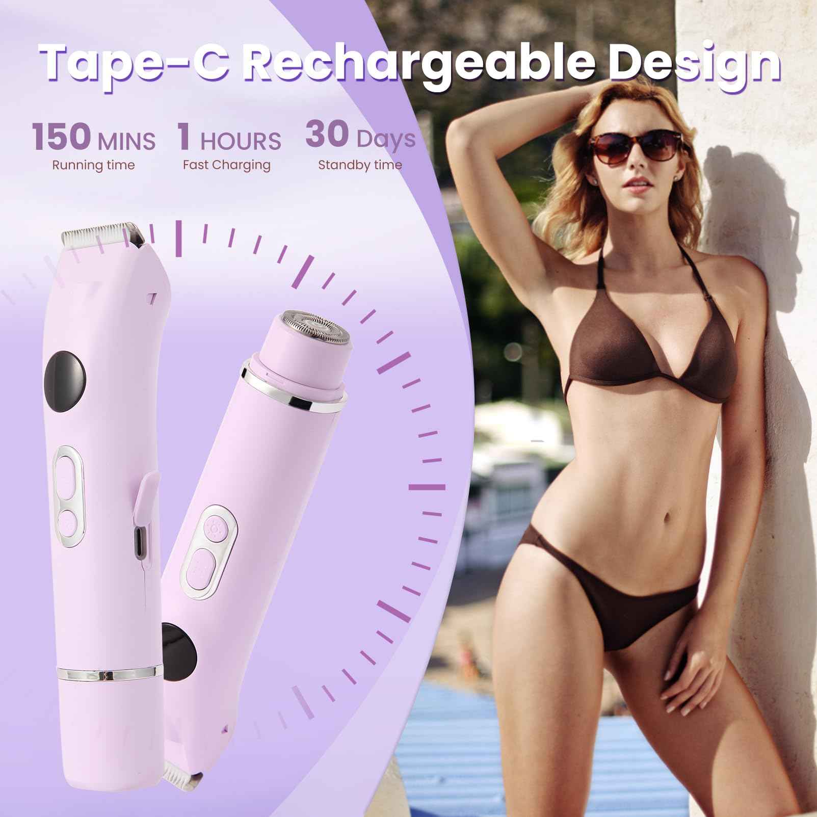 Bikini Trimmer for Women, Upgraded 2-in-1 Electric Razors for Women with 2 Replaced Blades and LED Light, Wet & Dry Use Electric Shaver Support 90 Mins Runtime for Face & Body & Intimate Areas