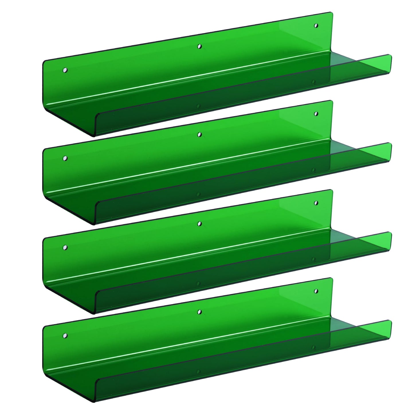 upsimples 4 Pack Acrylic Shelves for Wall Storage, 15" Floating Bookshelves for Kids, Display Shelf Organizer for Bathroom, Bedroom, Living Room, Kitchen, Room Decor, Clear Green