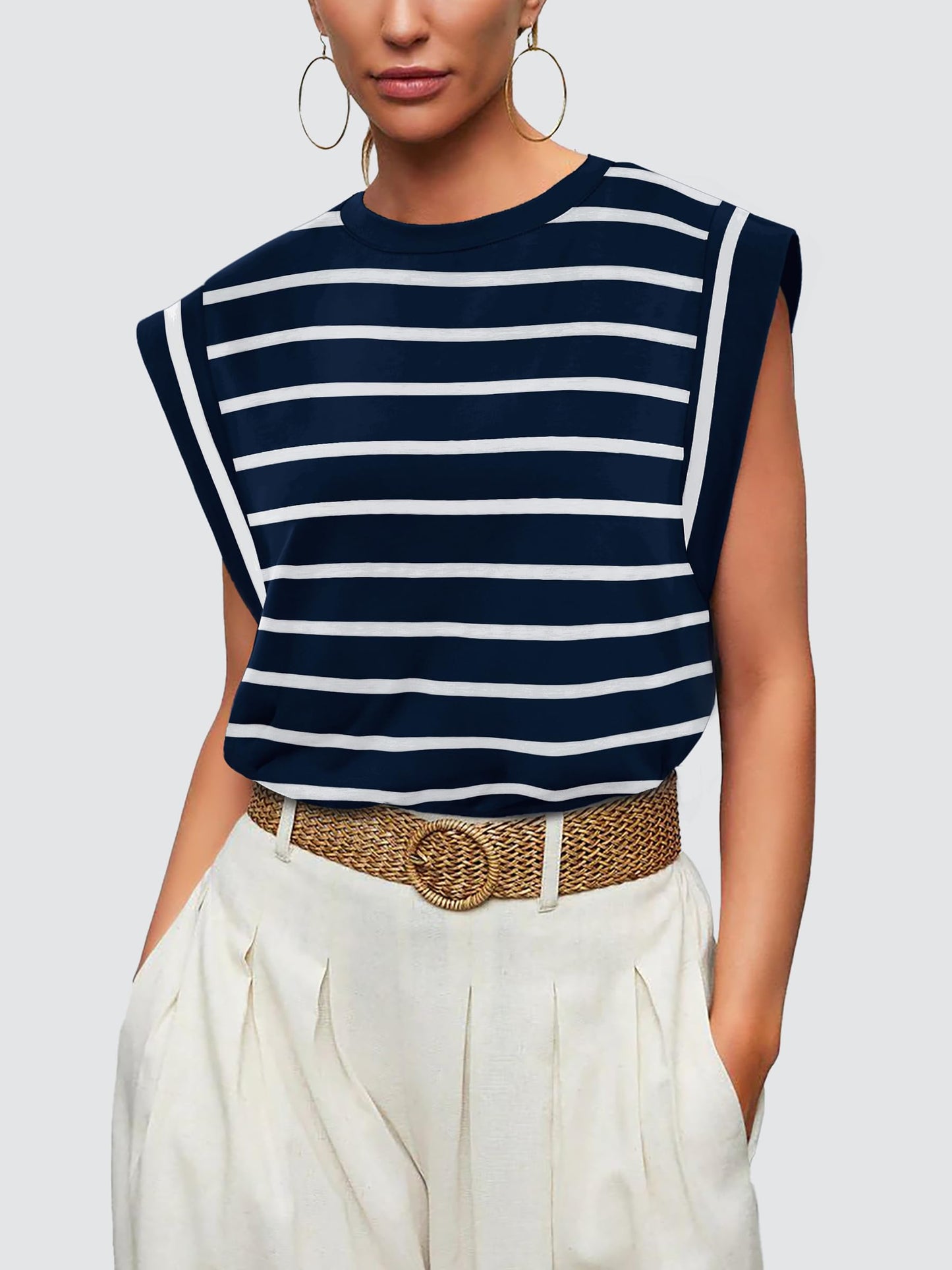 WIHOLL Navy Blue and White Stripe Shirt Basic Tee Soft Sleeveless Tank Tops Trendy Summer Outfits Fashion Clothes 2024 S