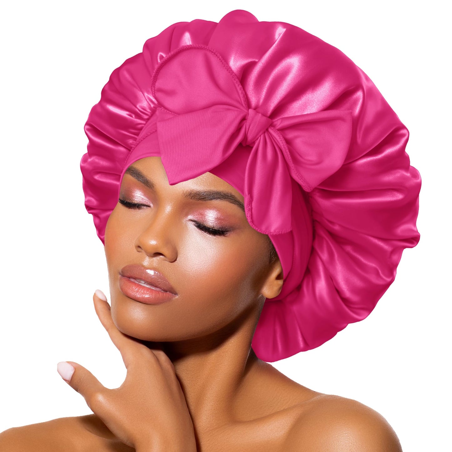 BONNET QUEEN Satin Bonnet Silk Bonnet for Sleeping Hair Bonnet Tie Bonnet for Women with Stretch Band Natural Hair Hot Pink